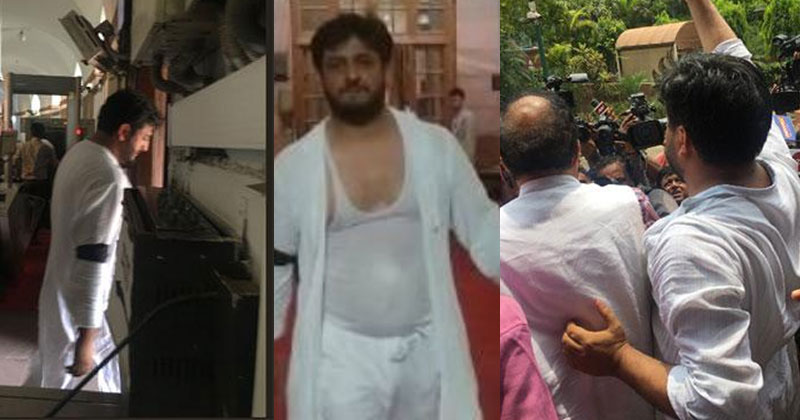 പാര്‍ലമെന്‍റിനകത്ത് വസ്ത്രം വലിച്ചു കീറി, കയ്യില്‍ കറുത്ത തുണി ചുറ്റി പിഡിപി എംപിയുടെ പ്രതിഷേധം;  പ്രതിഷേധക്കാരെ സഭയില്‍ നിന്നു പുറത്താക്കി സ്പീക്കര്‍