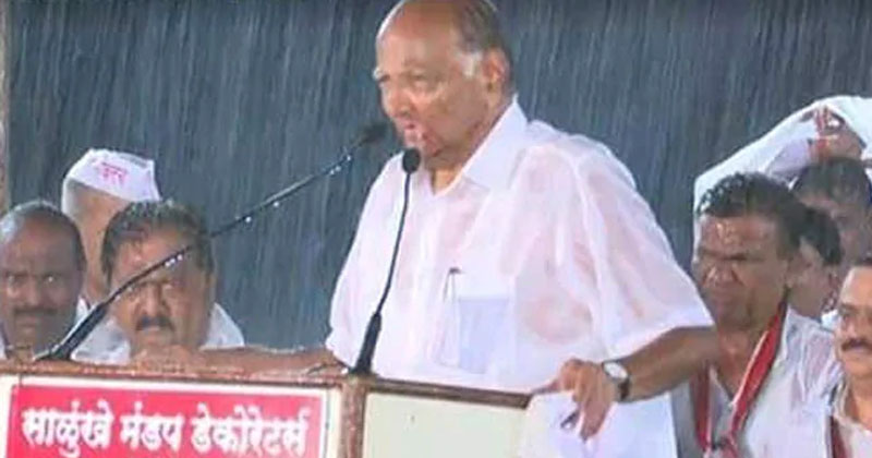 പെരുമഴയില്‍ നനഞ്ഞ് മോദിക്കെതിരെ തീപ്പൊരി പ്രസംഗവുമായി ശരദ് പവാർ ; കയ്യടിച്ച് സോഷ്യല്‍ മീഡിയ