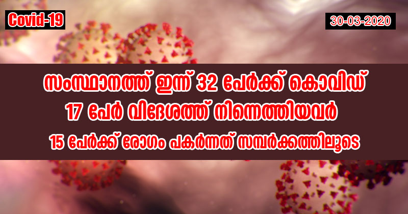 കൊവിഡ്-19: സംസ്ഥാനത്ത് ഇന്ന് 32 പുതിയ കേസുകള്‍; 15 പേര്‍ക്ക് രോഗം പകർന്നത് സമ്പർക്കത്തിലൂടെ