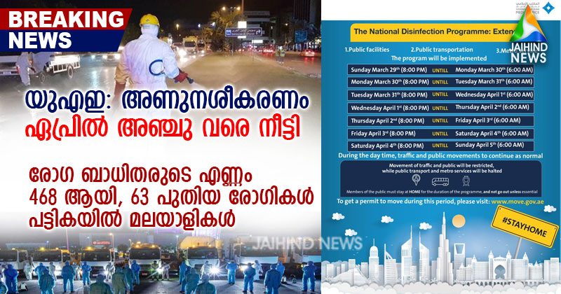 BREAKING News : യുഎഇയിലെ കൊവിഡ് അണുനശീകരണം  ഏപ്രില്‍ അഞ്ചു വരെ നീട്ടി : രോഗ ബാധിതര്‍  468 ആയി ;  പുതിയ കേസുകള്‍ 63, പട്ടികയില്‍ വീണ്ടും മലയാളികള്‍