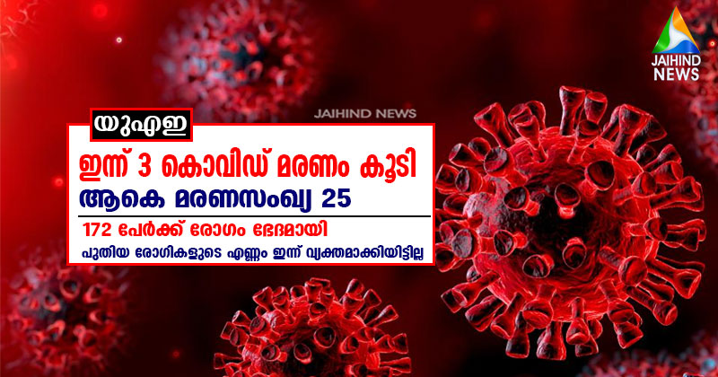 യു എ ഇയില്‍ 3 കൊവിഡ് മരണം കൂടി; ആകെ മരണസംഖ്യ 25 ആയി ; പുതിയ രോഗികളുടെ എണ്ണം ഇന്ന് വ്യക്തമാക്കിയിട്ടില്ല