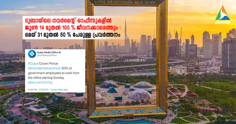 ദുബായിലെ ഗവര്‍മെന്‍റ് ഓഫീസുകളില്‍ ജൂണ്‍ 14 മുതല്‍ 100 % ജീവനക്കാരെത്തും : മെയ് 31 മുതല്‍ 50 % പേരുള്ള പ്രവര്‍ത്തനം