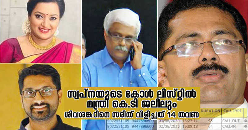 സ്വർണ്ണക്കടത്ത് കേസ്: സ്വപ്നയുടെ കോള്‍ ലിസ്റ്റില്‍ മന്ത്രി കെ.ടി ജലീലും, വിളിച്ചത് 9 തവണ ; സരിത് ശിവശങ്കറെ വിളിച്ചത് 14 തവണ