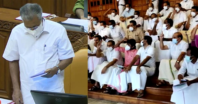 ഡോളര്‍ക്കടത്ത് കേസ് : അടിയന്തരപ്രമേയ നോട്ടിസ് തള്ളി സ്പീക്കര്‍ ; സഭ ബഹിഷ്കരിച്ച് പ്രതിപക്ഷ പ്രതിഷേധം