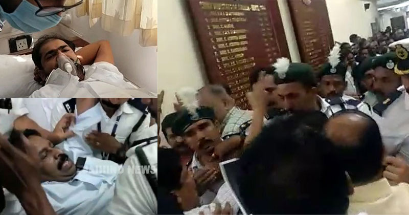 സ്പീക്കറുടെ ചേമ്പറിനു  മുന്നിൽ ഭരണപക്ഷ അഴിഞ്ഞാട്ടം; യുഡിഎഫ് എംഎൽഎമാരെ വാച്ച് ആന്‍റ്  വാർഡ് കയ്യേറ്റം ചെയ്തു; 4 എം എൽ എ മാർക്ക് പരിക്ക്