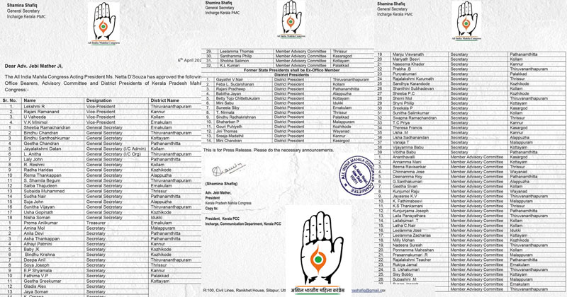 മഹിളാ കോൺഗ്രസ് സംസ്ഥാന, ജില്ല ഭാരവാഹികളെ പ്രഖ്യാപിച്ചു