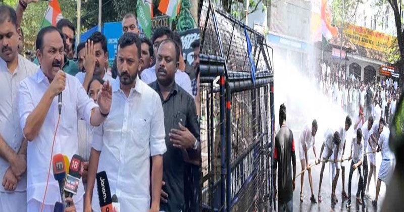 തലസ്ഥാനത്ത് യൂത്ത് കോൺഗ്രസ് മാർച്ചിൽ സംഘർഷം; അ‍ഞ്ചു തവണ ജലപീരങ്കി പ്രയോഗിച്ചു, പ്രവർത്തകരെ അറസ്റ്റ് ചെയ്തു
