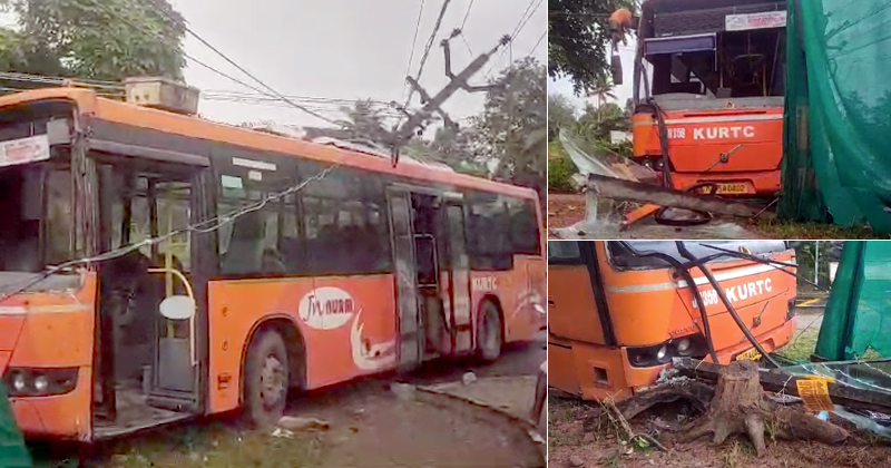 അടൂർ ബൈപാസില്‍ കെഎസ്ആർടിസി ബസ് അപകടത്തില്‍പ്പെട്ടു; മഴയത്ത് തെന്നിമാറി, പോസ്റ്റ് ഇടിച്ചുതകർത്തു