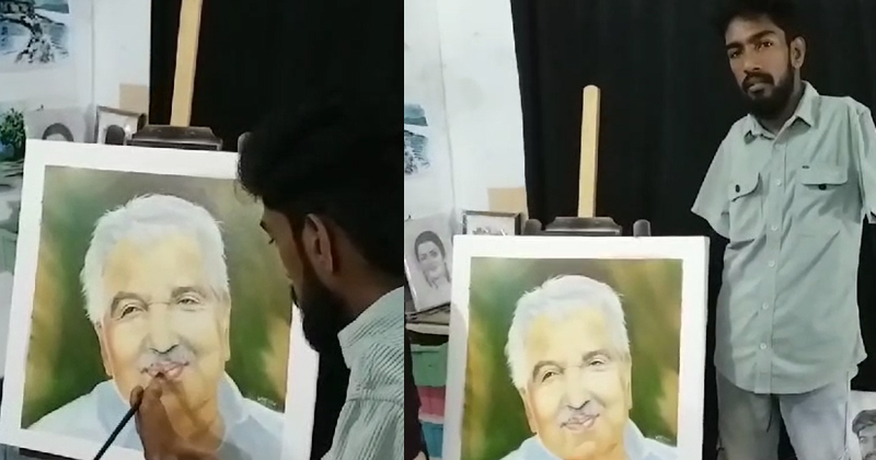 ഉമ്മൻചാണ്ടിക്ക് സ്മരണാജ്ഞലി; ഛായാചിത്രം കാല് കൊണ്ട് വരച്ച് ഒരു കലാകാരന്‍
