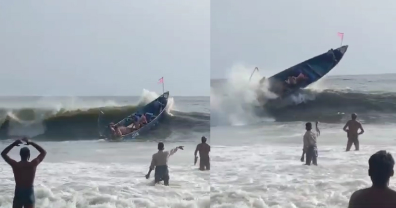 എൻജിന്‍റെ പ്രവർത്തനം നിലച്ച് കൂറ്റൻ വള്ളം തിരയിൽപ്പെട്ടു; അത്ഭുതകരമായി രക്ഷപ്പെട്ട് തൊഴിലാളികൾ