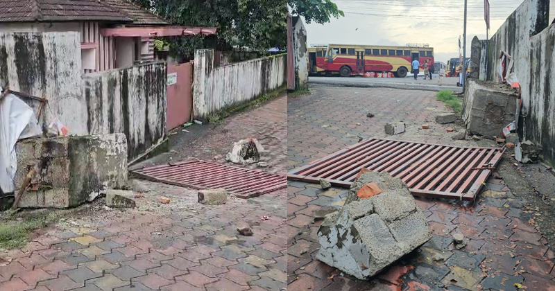 നിർത്തിയിട്ടിരുന്ന കെഎസ്ആർടിസി ബസ് റോഡിലേക്ക് നീങ്ങി; ഗേറ്റും മതിലും തകര്‍ത്തു, അപകടം  ഡ്രൈവർ കാപ്പി കുടിക്കാൻ പോയ സമയത്ത്
